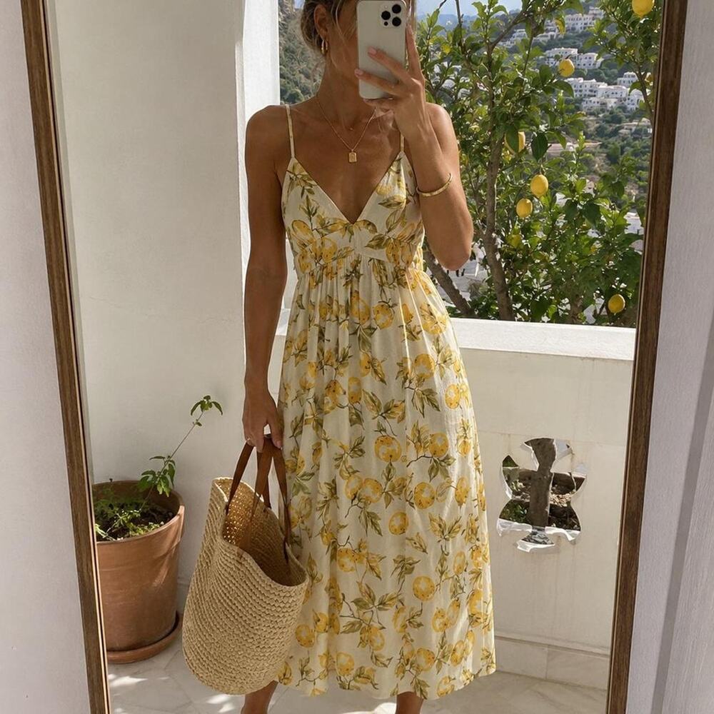 Urban Outfitters Lemon Print Sundress Midi Dress Cottagecore Size S